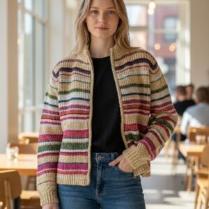 Tiara International Multicolor Striped Zipper Front Cardigan